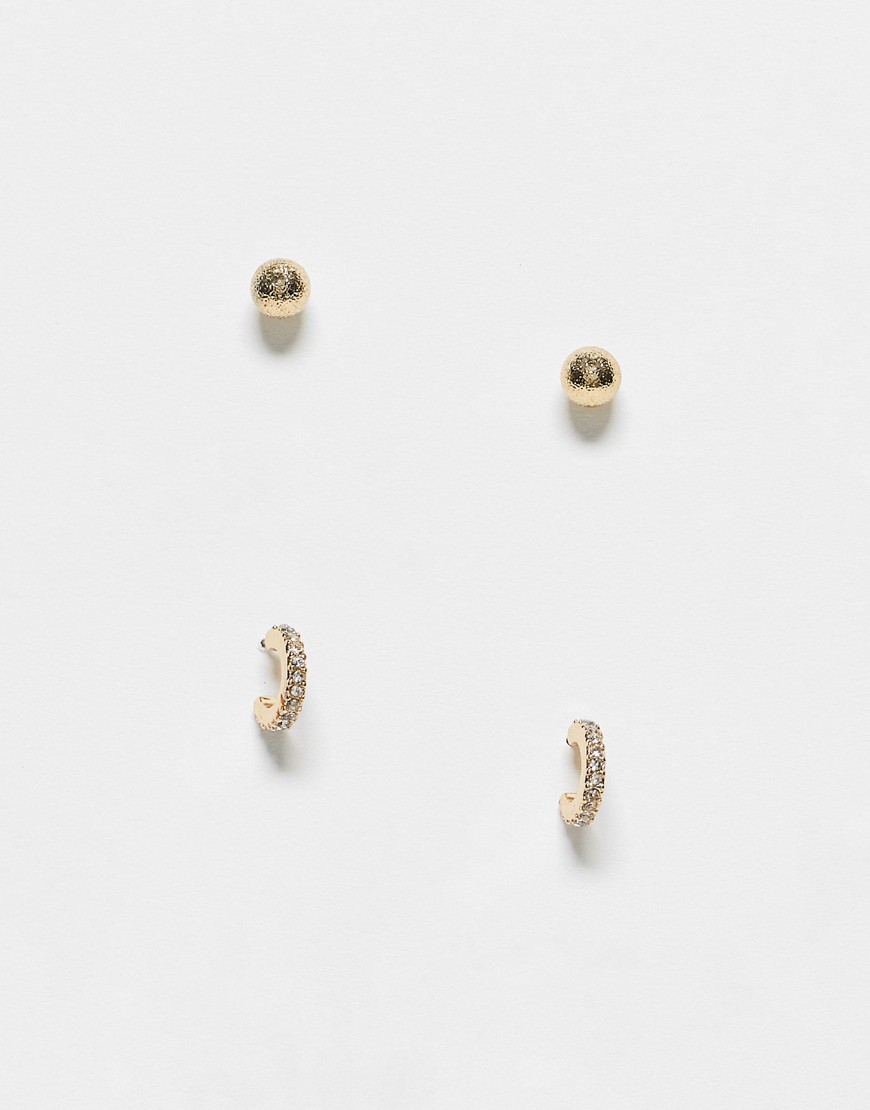 Pieces exclusive 2 pack earring studs and rhinestone huggy hoops in gold