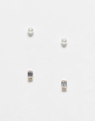 Pieces exclusive 2 pack pearl and rhinestone studs in gold