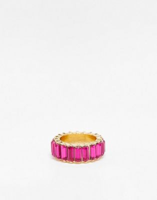 Pieces exclusive baguette crystal ring in gold & pink