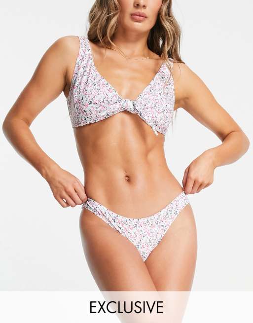 Pieces Exclusive bikini bottoms in white ditsy floral
