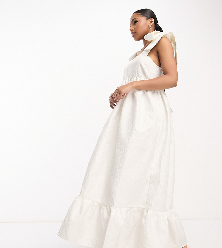 Pieces exclusive Bride To Be tiered jacquard maxi dress with oversized bow cami sleeves in white