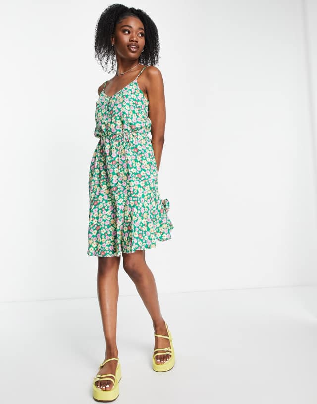 Pieces exclusive button front mini slip dress in green floral