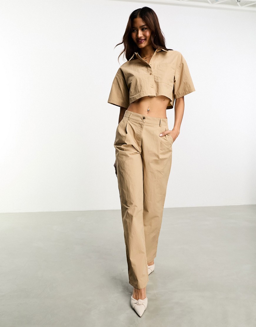Pieces exclusive chino wide leg trousers co-ord in beige-Neutral