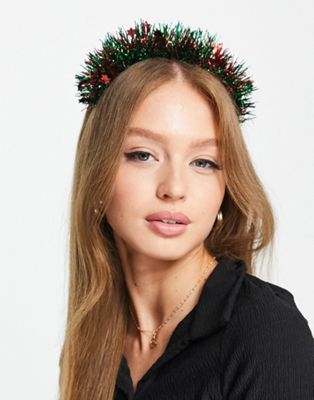 Pieces exclusive Christmas tinsel headband in red & green
