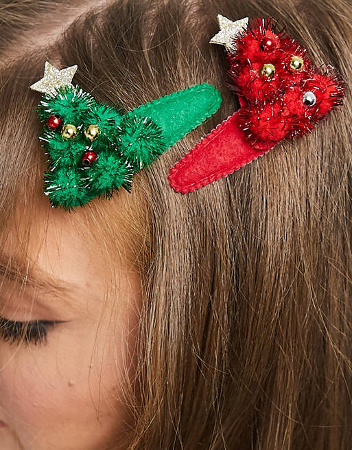 Pieces exclusive Christmas tree pom pom hair clips in green & red | ASOS