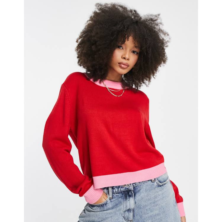 Pieces exclusive color block sweater in pink and red