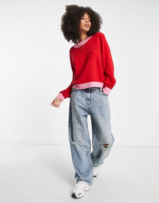 Red color sale block sweater