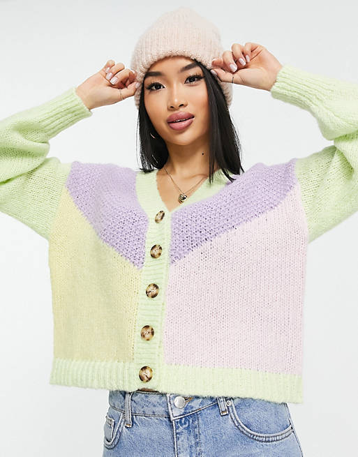  Pieces exclusive colour block cardigan in lilac & lime 
