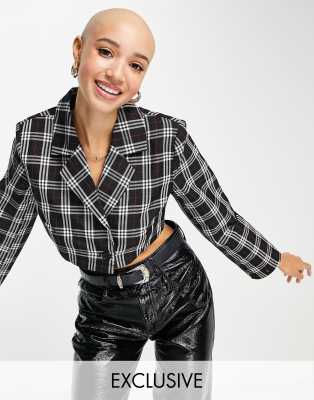 Pieces exclusive cropped blazer co-ord in black check