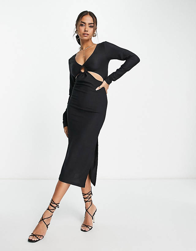 Pieces - exclusive cut out ring detail midi dress in black