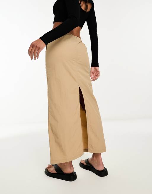 Pieces exclusive drawstring cargo midi skirt in beige | ASOS