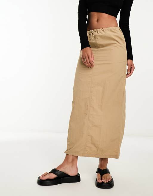 Pieces exclusive drawstring cargo midi skirt in beige | ASOS