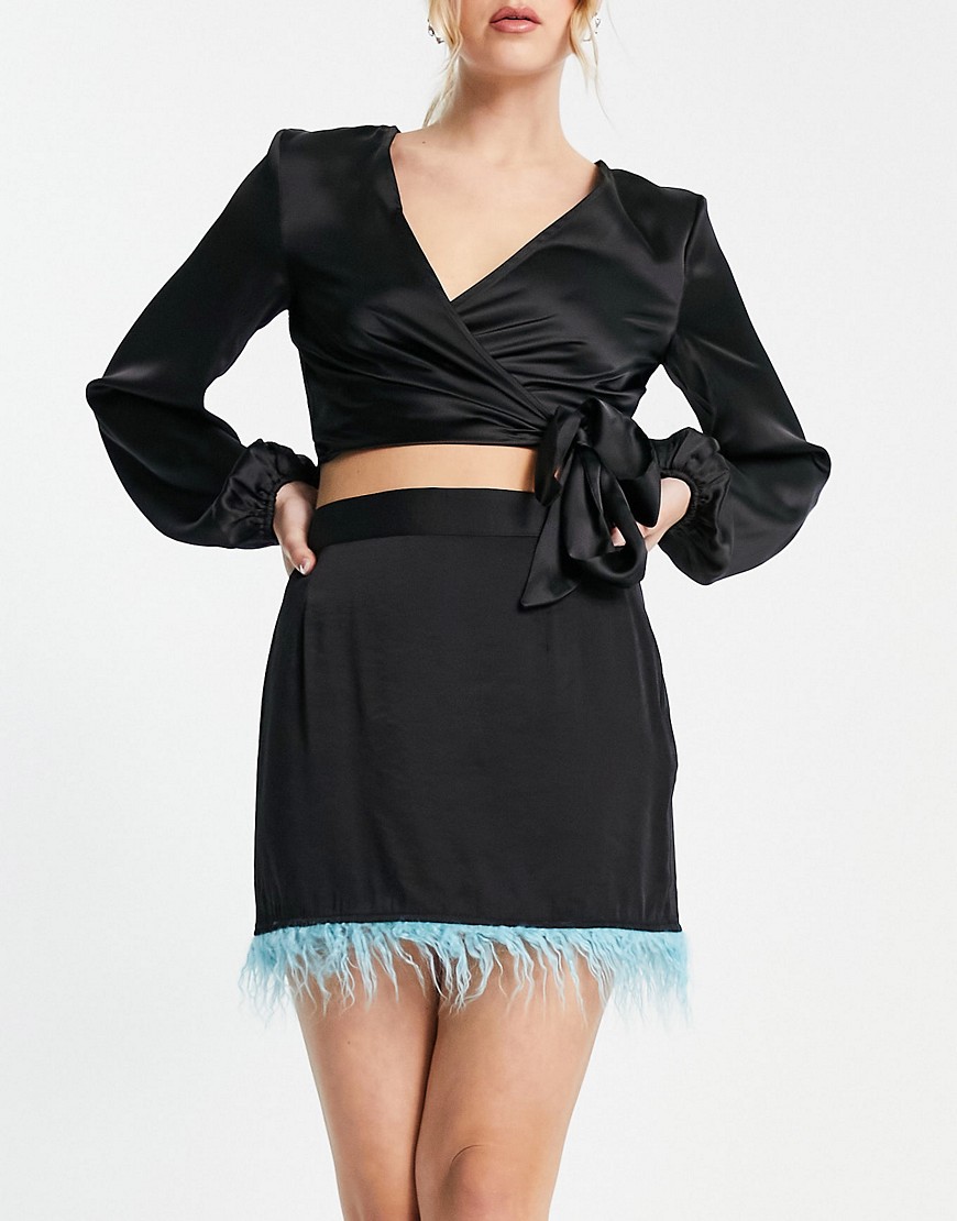 Pieces exclusive faux feather trim satin mini skirt co-ord in black