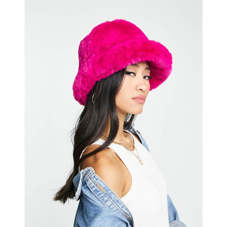 Women's Bright Pink Faux Fur Fluffy Bucket Hat