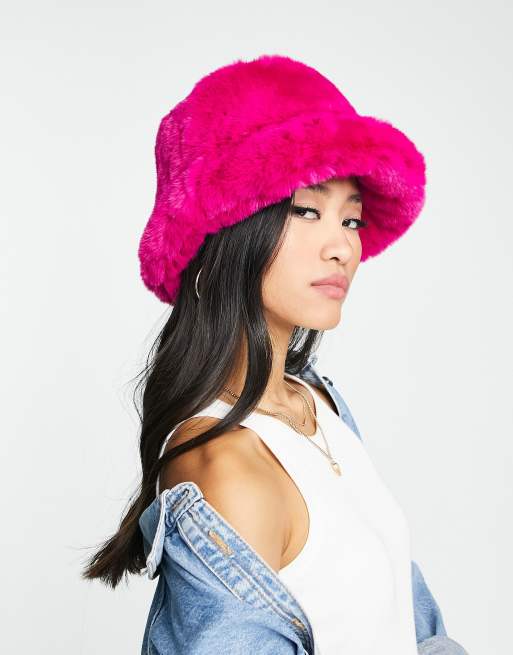 Faux fur bucket hat. Neon pink hat. Fuchsia fluffy hat. Bright