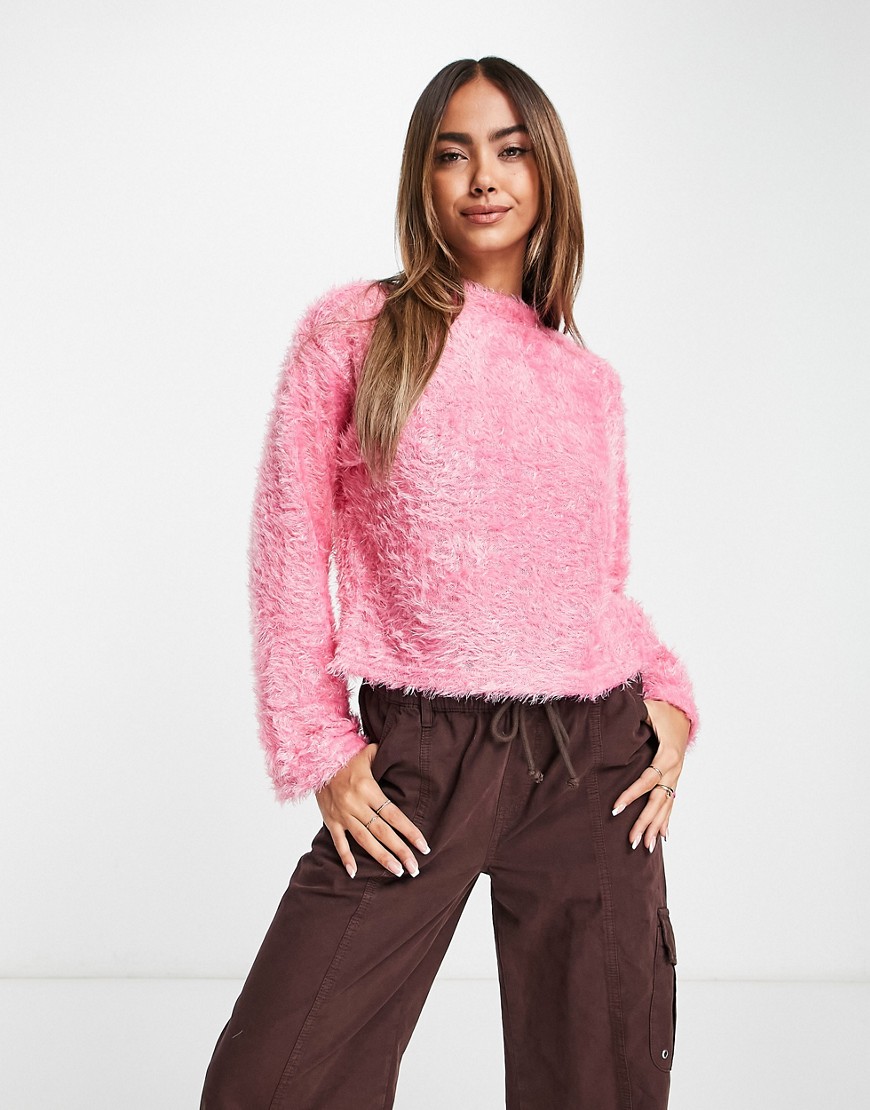 Pieces exclusive fluffy flared sleeve sweater in pink