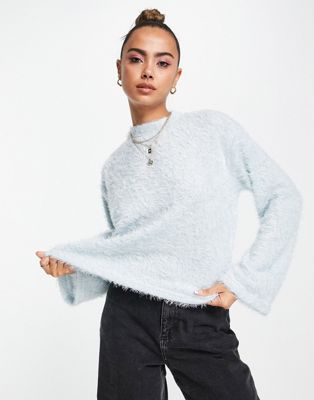 Pieces exclusive fluffy high neck flared sleeve jumper in blue