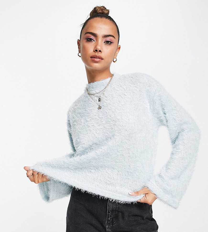 Pieces exclusive fluffy high neck flared sleeve sweater in blue