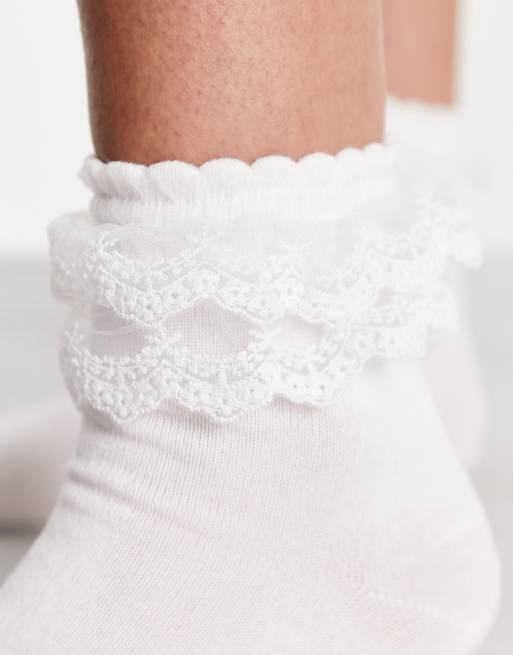 Pieces exclusive frilly trim socks in white, 3 of 4