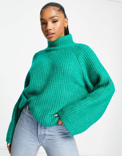 Pieces exclusive funnel neck sweater in bright green ASOS