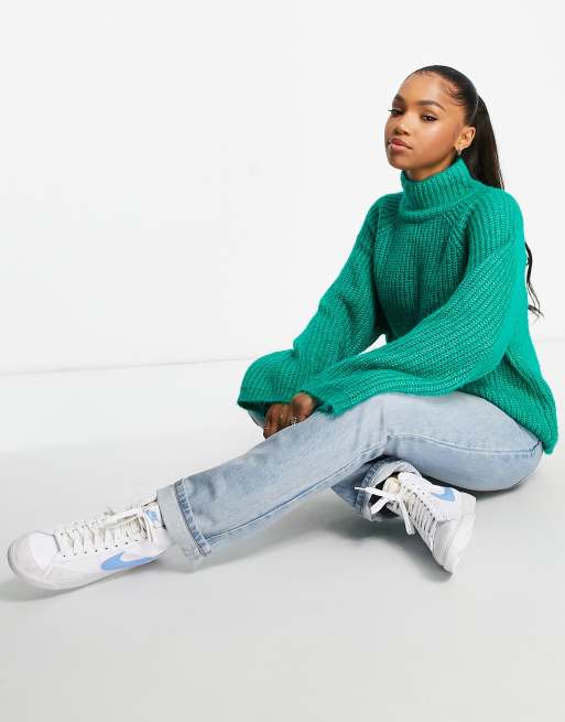 Pieces exclusive funnel neck sweater in bright green | ASOS
