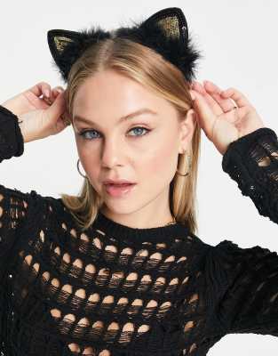 Pieces Exclusive Halloween Fluffy Cat Ears Headband In Black & Gold