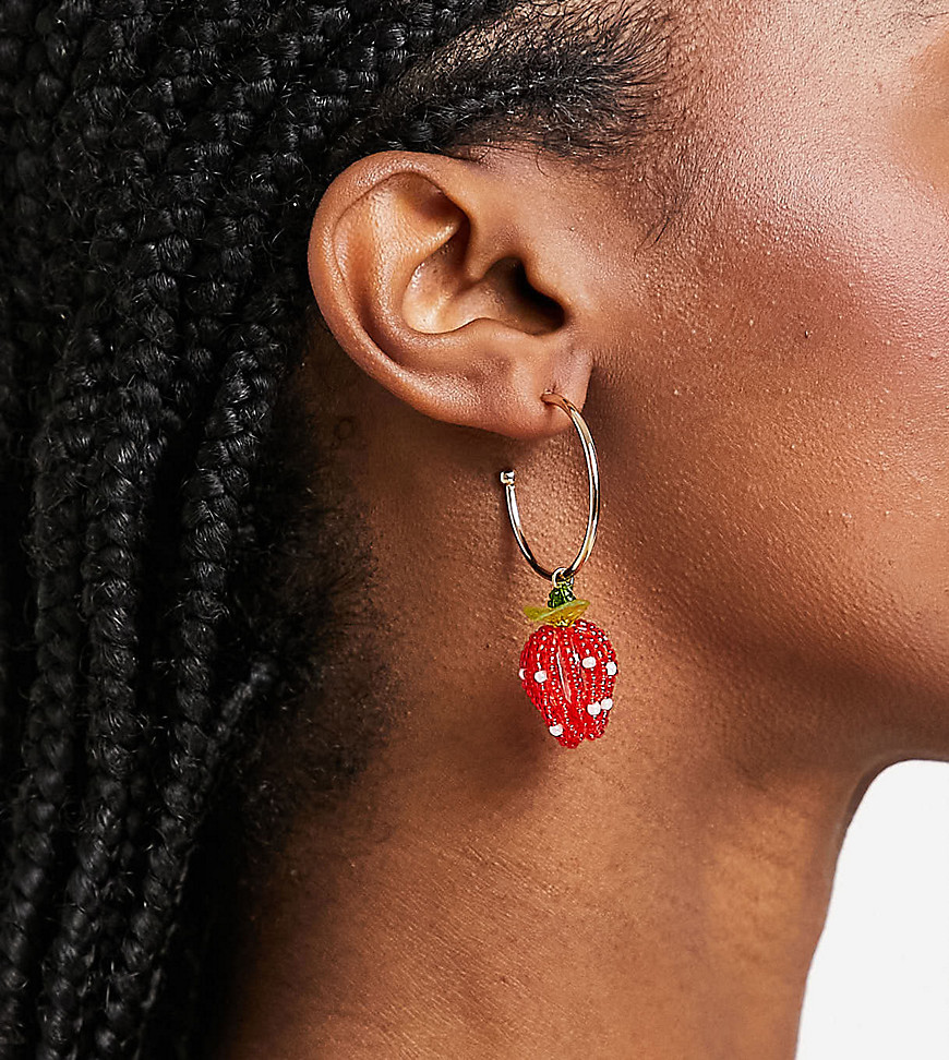 Pieces exclusive handmade strawberry charm hoop earrings in red
