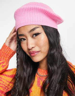 Pieces exclusive knit beret in candy pink