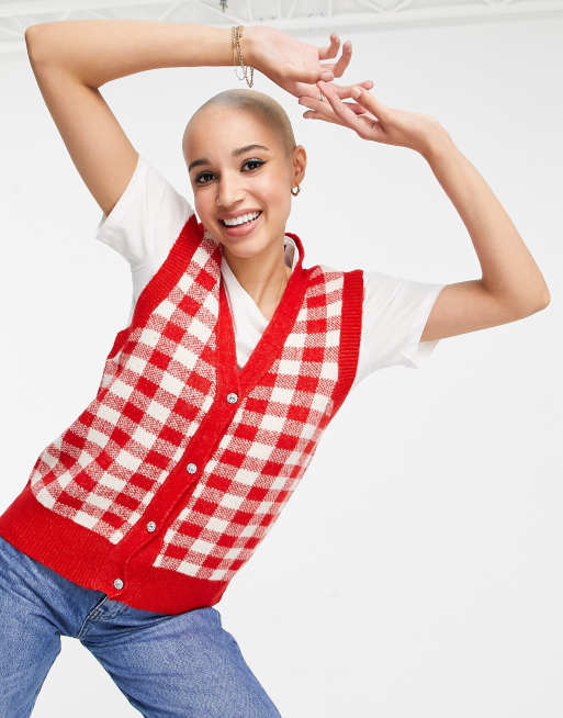 Pieces exclusive knitted vest in red gingham | ASOS