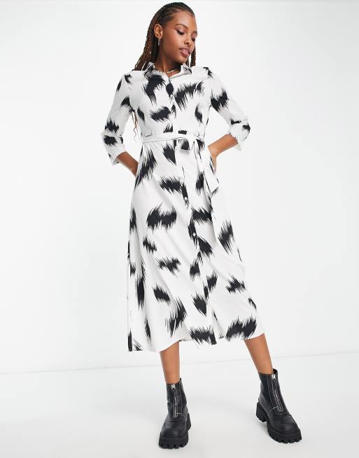 Pieces exclusive midi button through shirt dress in white & black print