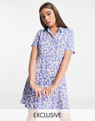 Pieces exclusive mini shirt dress in blue daisy floral