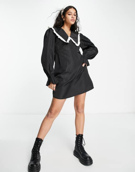 Pieces – Exclusive – Minikleid in Schwarz mit Kontrastbesatz und Oversize-Kragen