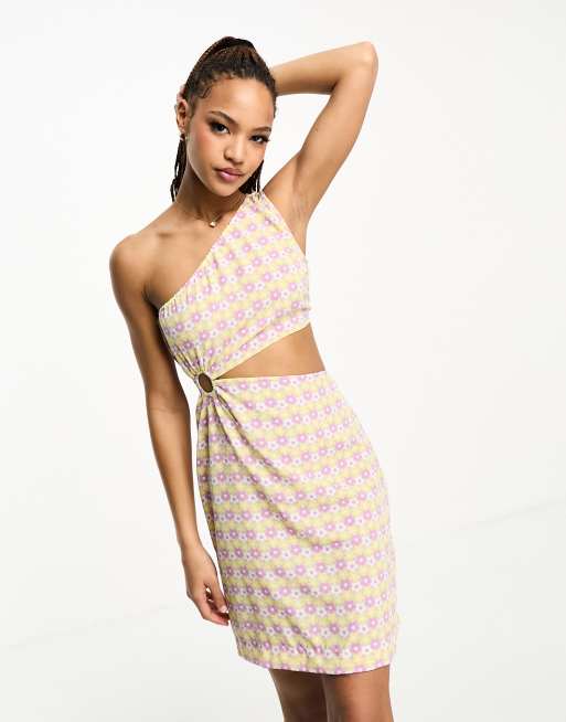 Pieces Exclusive one-shoulder cut-out mini dress in lilac & yellow