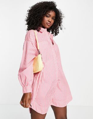 Pieces exclusive oversized shirt in bright pink & white stripe