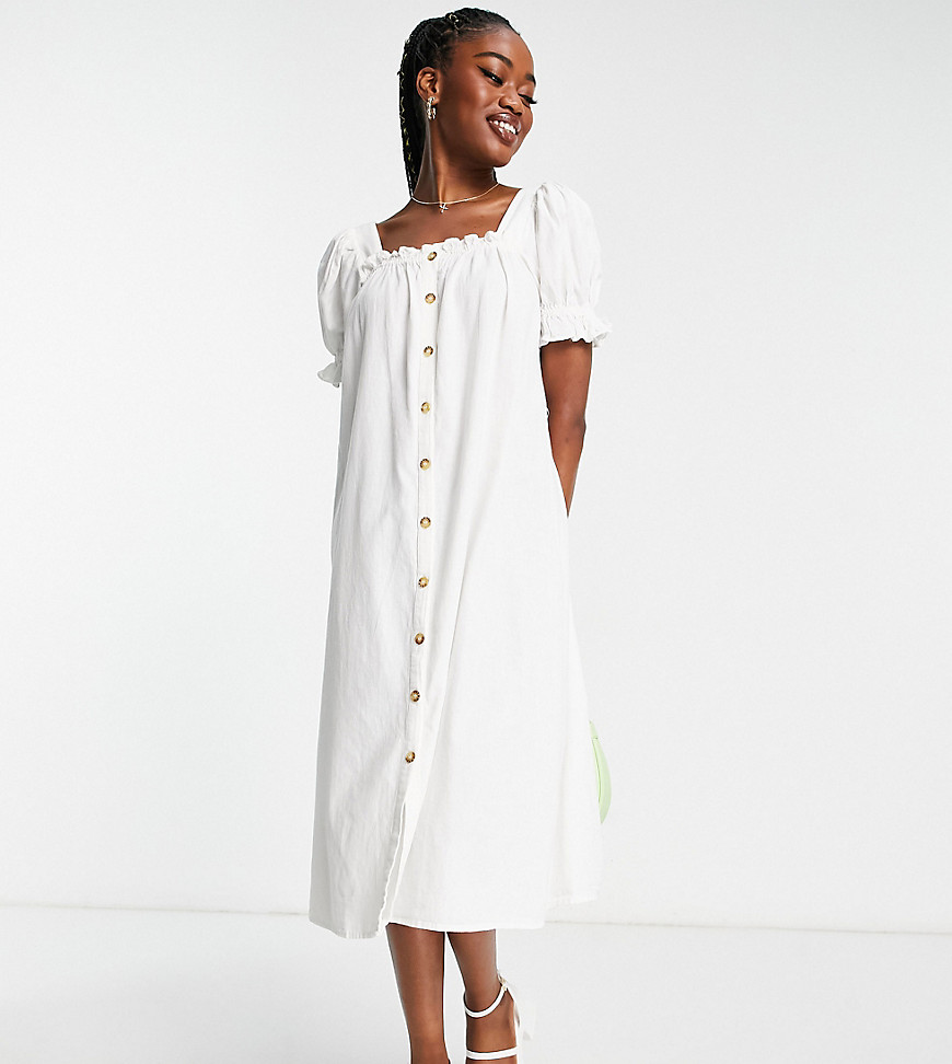 Pieces exclusive puff sleeve midi button through dress in white