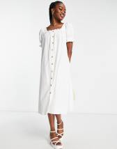 River Island textured button smock midi dress in white | ASOS