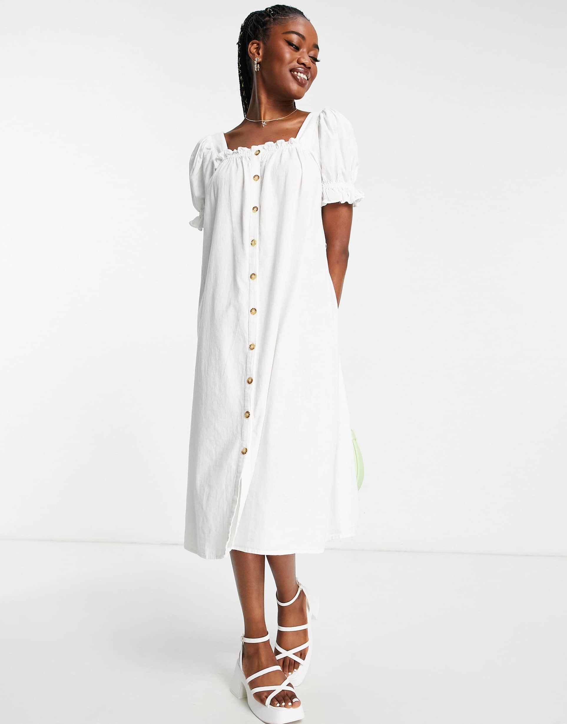 pieces exclusive puff sleeve midi button through dress in white