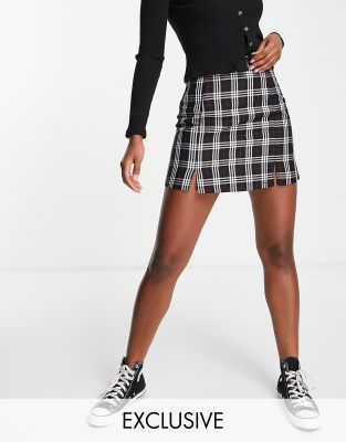 Pieces exclusive side slit mini skirt co ord in black check