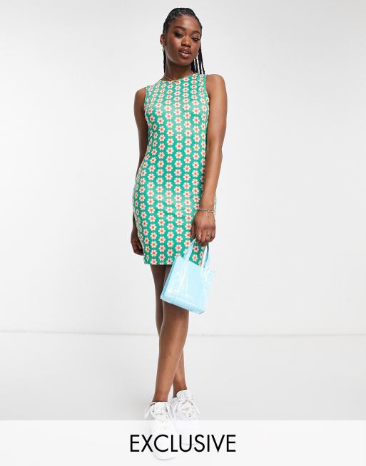 Pieces exclusive sleeveless mini dress in green 70s floral ASOS