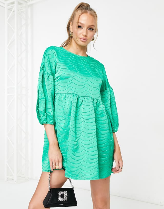 Pieces exclusive textured puff sleeve mini tie back dress in green