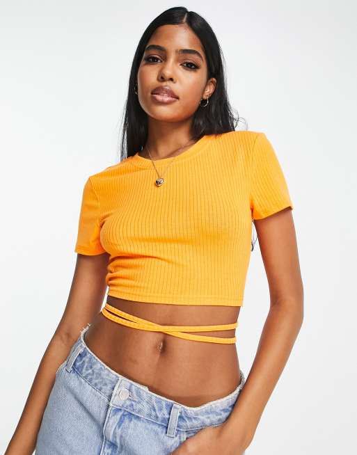 Pieces exclusive tie detail t-shirt in bright orange