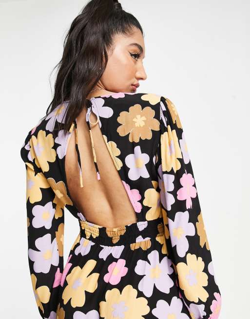 Pieces exclusive v neck smock dress in pink 70s floral | ASOS