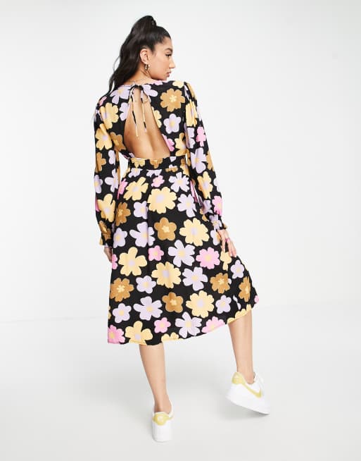 Pieces exclusive v neck smock dress in pink 70s floral | ASOS