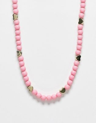 Pieces exclusive Valentines beaded heart charm necklace in pink