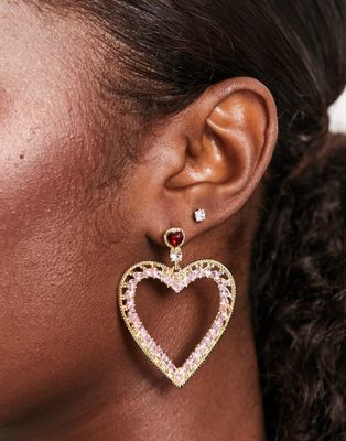 Pieces exclusive Valentines diamante oversized heart earrings in pink