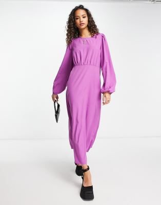 Pieces exclusive volume sleeve midi dress in purple