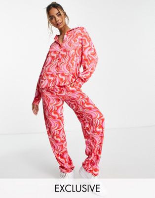Pieces exclusive straight trousers co-ord in red & pink swirl print