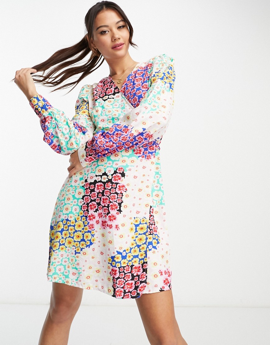 Pieces exclusive wrap mini dress in patchwork floral-Multi