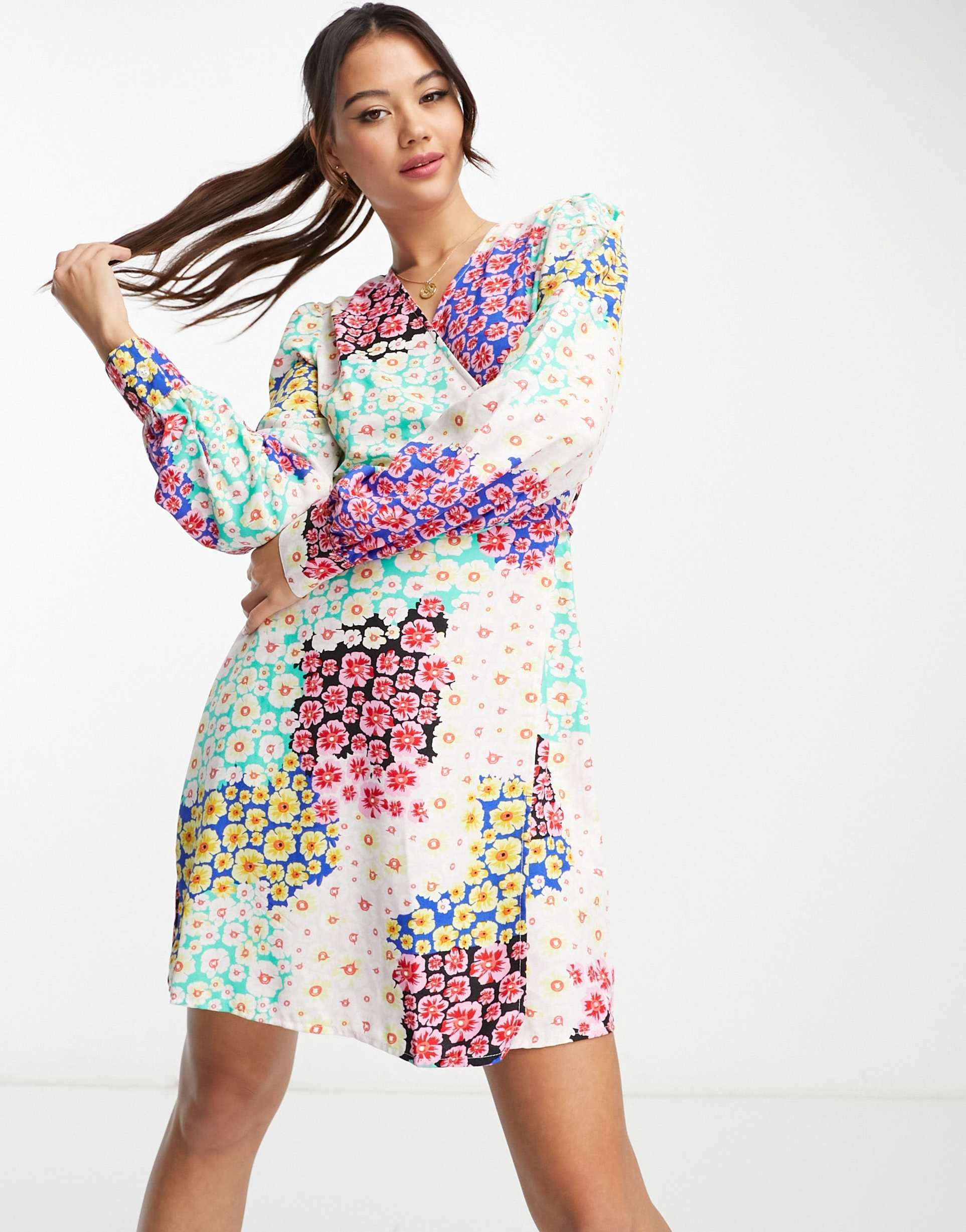 pieces exclusive wrap mini dress in patchwork floral