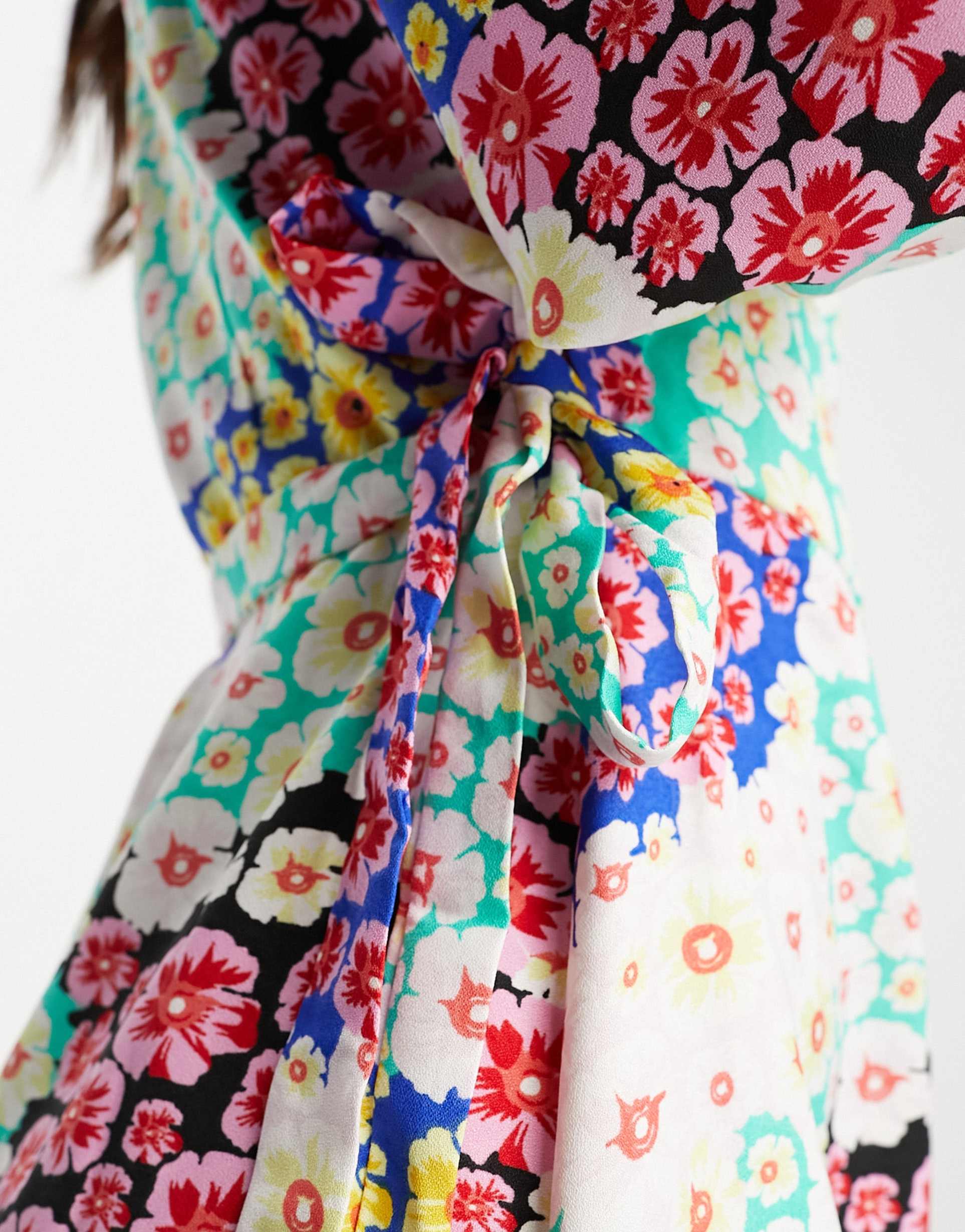 pieces exclusive wrap mini dress in patchwork floral